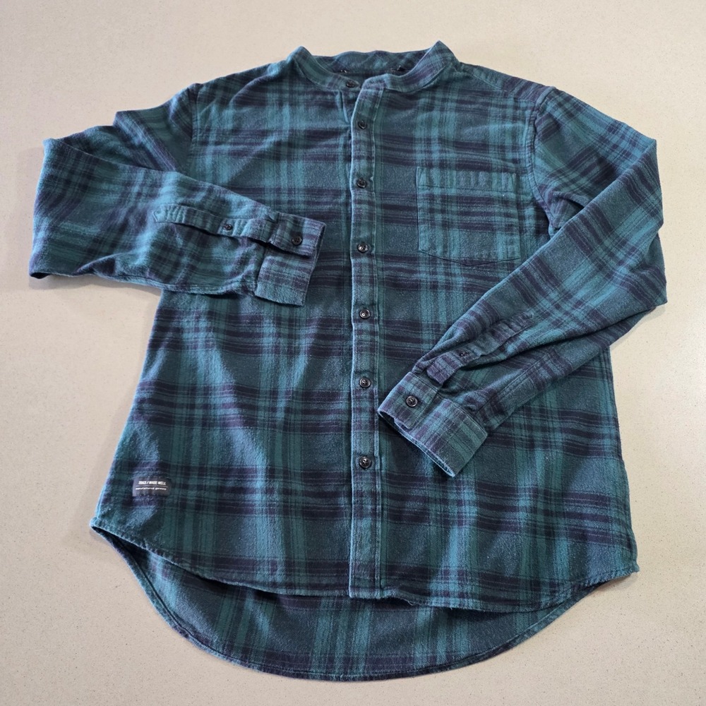 7D63 Made Well Mens Plaid Flannel Band Collar Button Up Shirt Green Black Medium